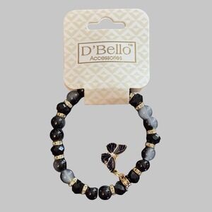 D'Bello  Black Beaded Stretch Charm Bracelet Womens Gray Butterfly Jewelry NEW